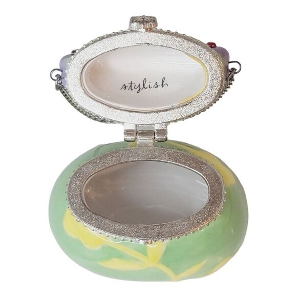 Hallmark Bezel Box Trinket Box Green Yellow Flowers Purse With Chain Retired - Picture 4 of 6